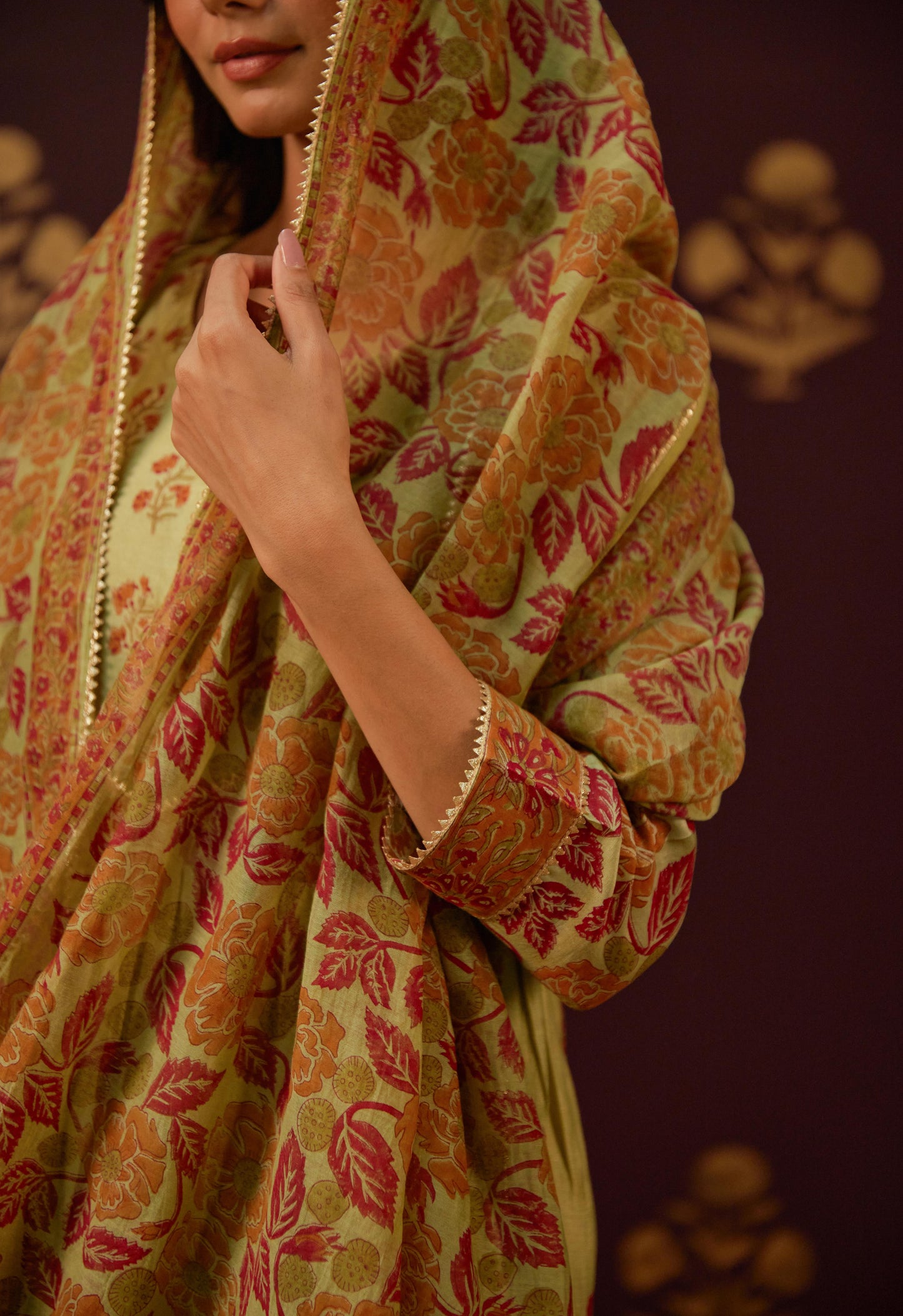 Olive Green Chanderi Hand Block Printed Suit Set With Dupatta