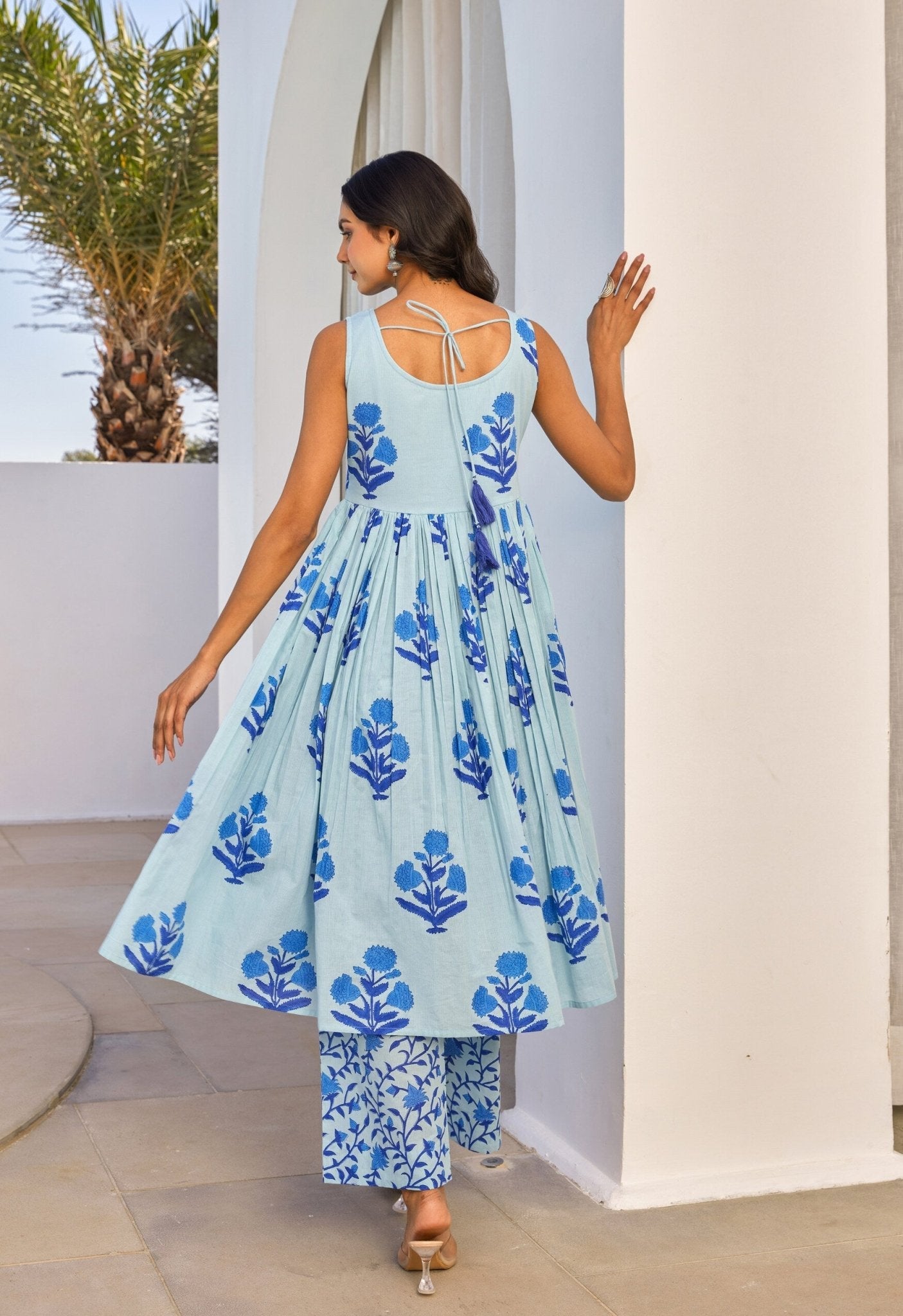 Blue Floral Hand Block Printed Kurta Set - Tara - C - Tara