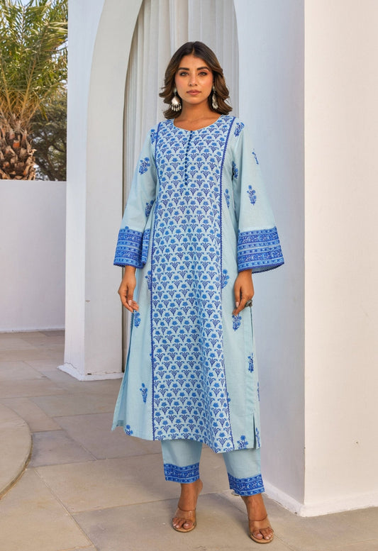 Blue Hand Block Printed Kurta Set With Dupatta - Tara - C - Tara