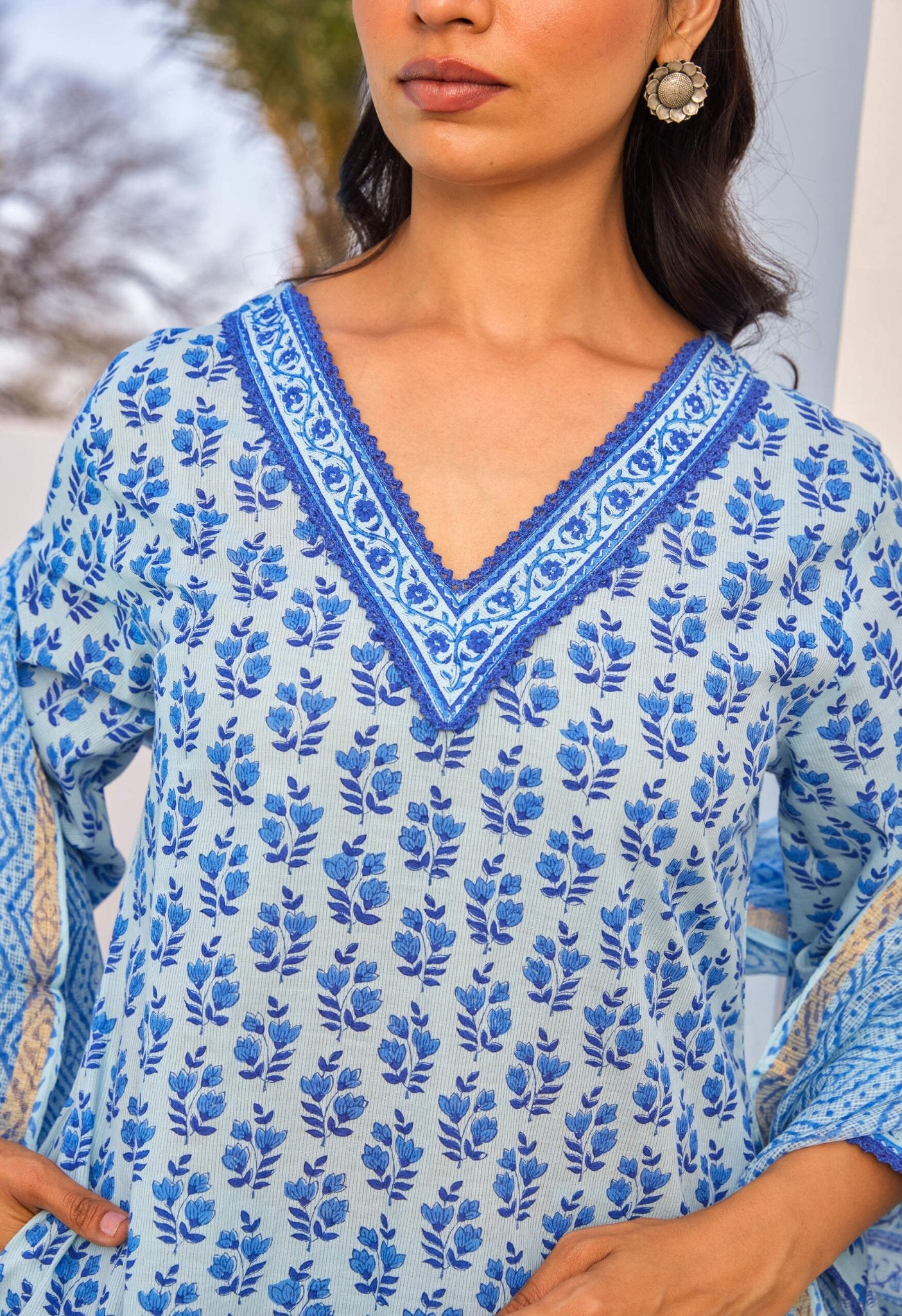 Blue Hand Block Printed Kurta Set With Dupatta - Tara - C - Tara
