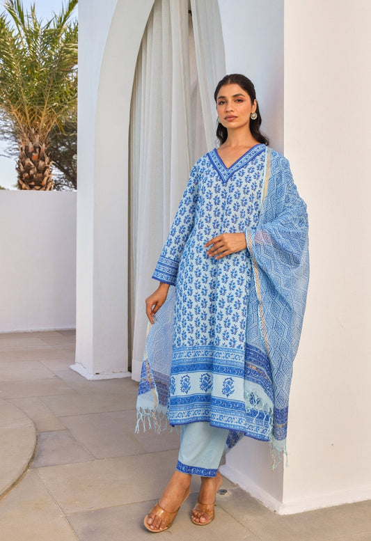 Blue Hand Block Printed Kurta Set With Dupatta - Tara - C - Tara