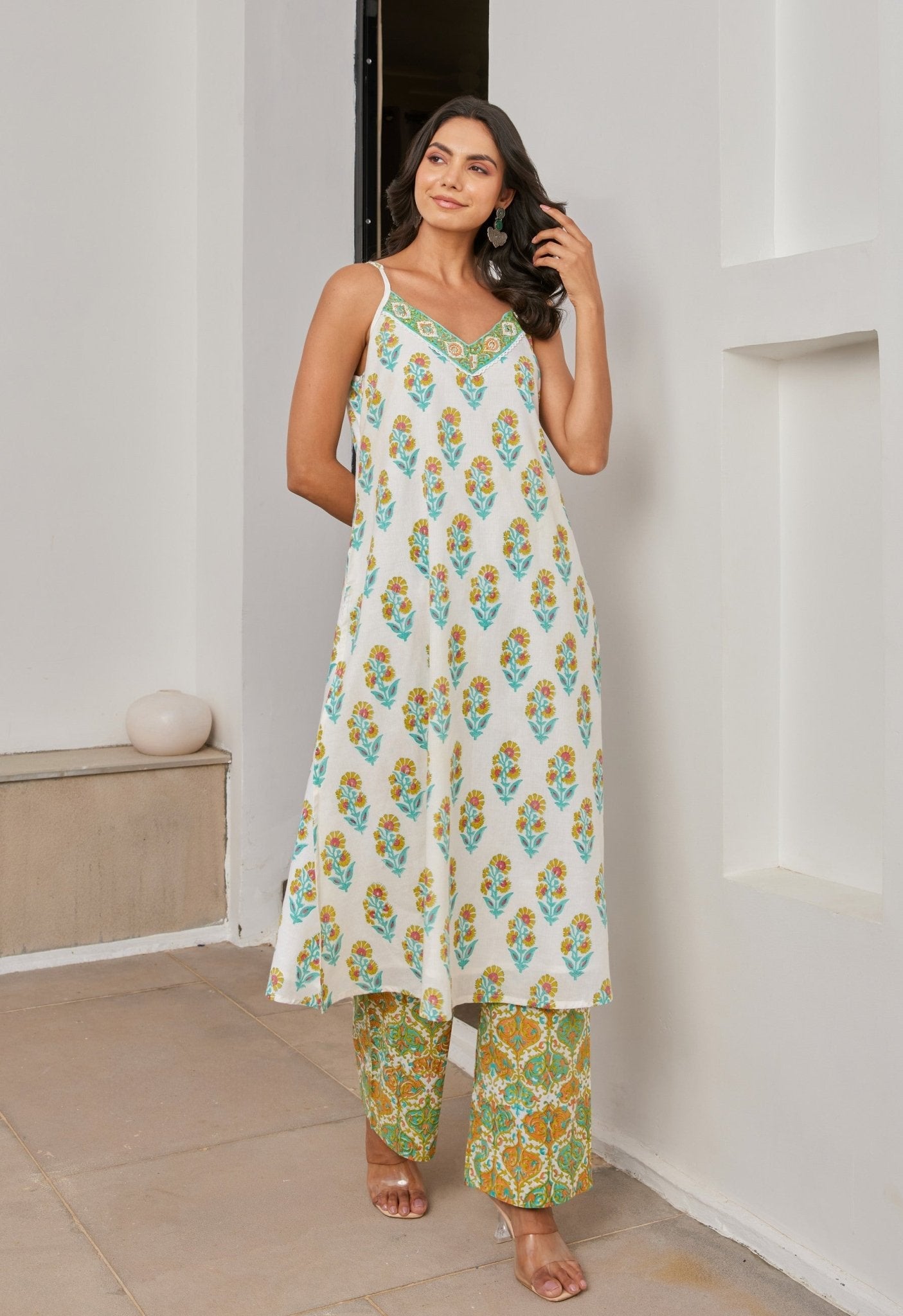 Cotton Hand Block Printed Strappy Kurta Set With Dupatta - Tara - C - Tara