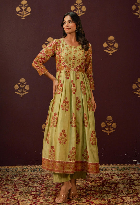 Olive Green Chanderi Hand Block Printed Suit Set With Dupatta - Tara - C - Tara