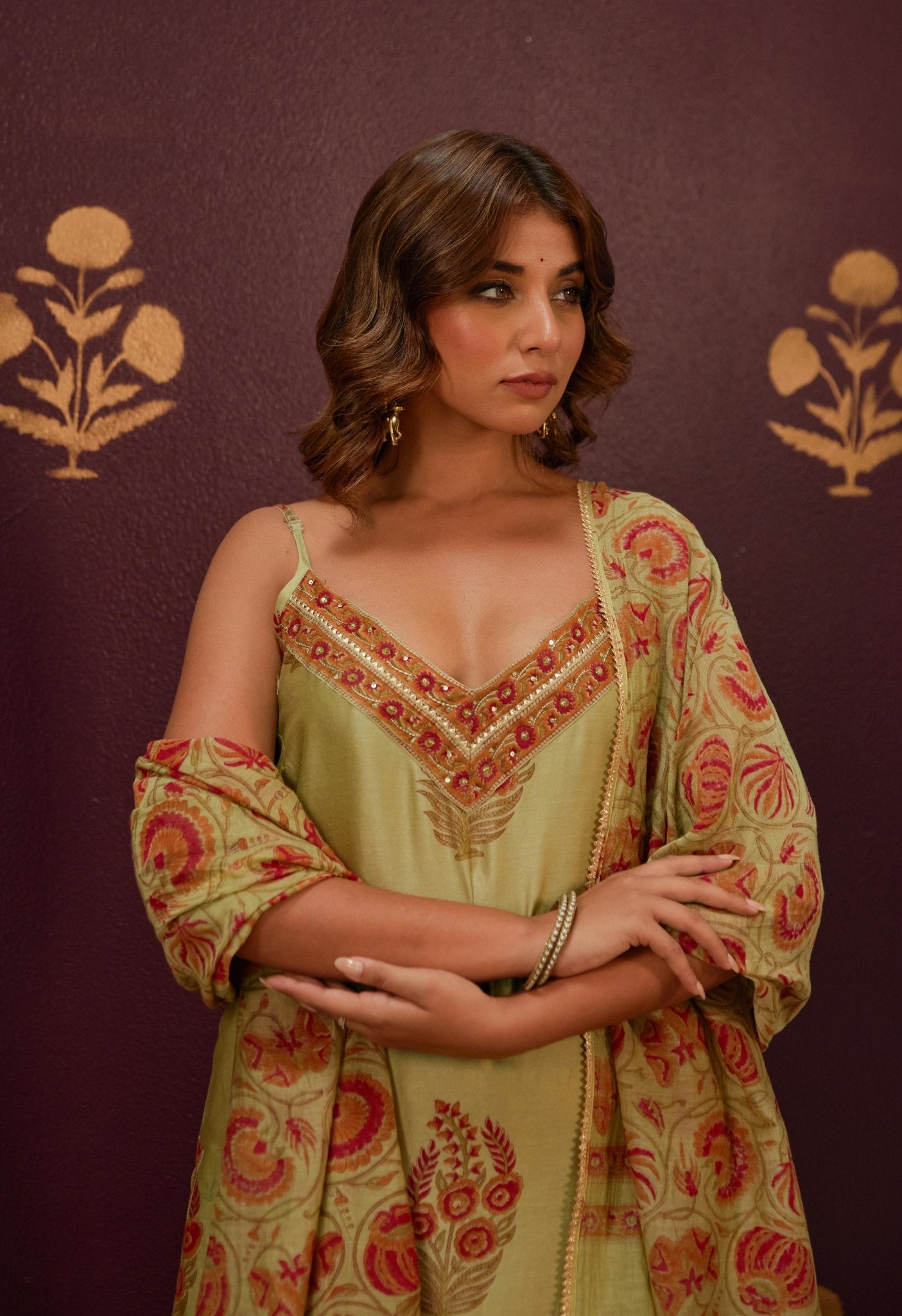 Olive Green Chanderi Hand Block Printed Suit Set With Dupatta - Tara - C - Tara