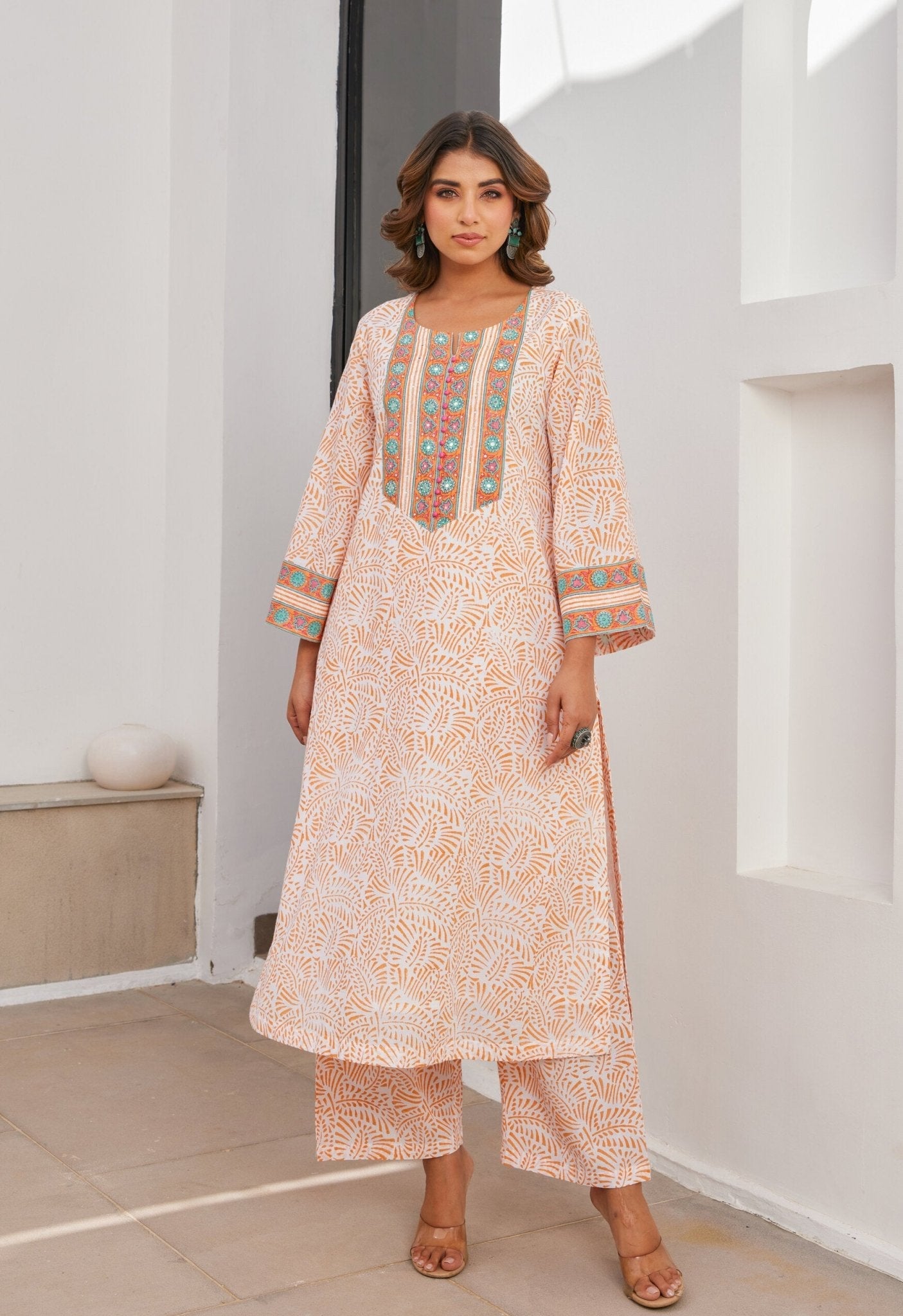Orange Cotton hand block Printed Kurta Set With Dupatta - Tara - C - Tara