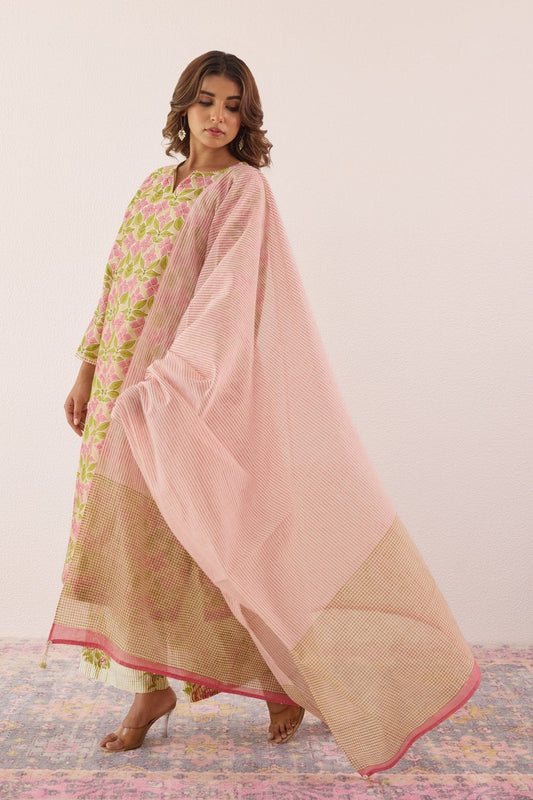 Pastel Green Chanderi Hand block Printed Suit Set With Dupatta - Tara - C - Tara