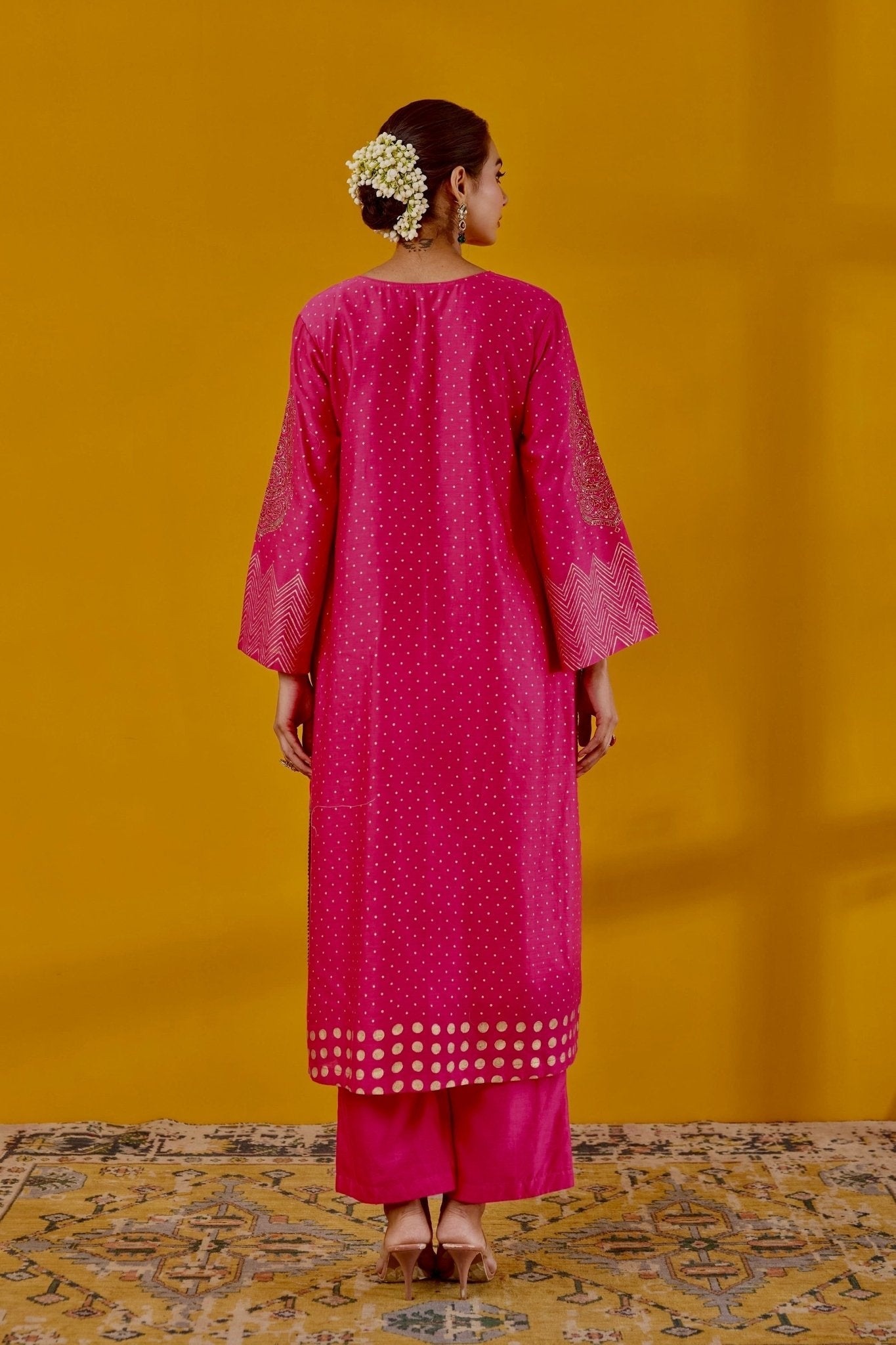 Rani Pink Hand Block Printed Chanderi Kurta Set With Dupatta - Tara - C - Tara