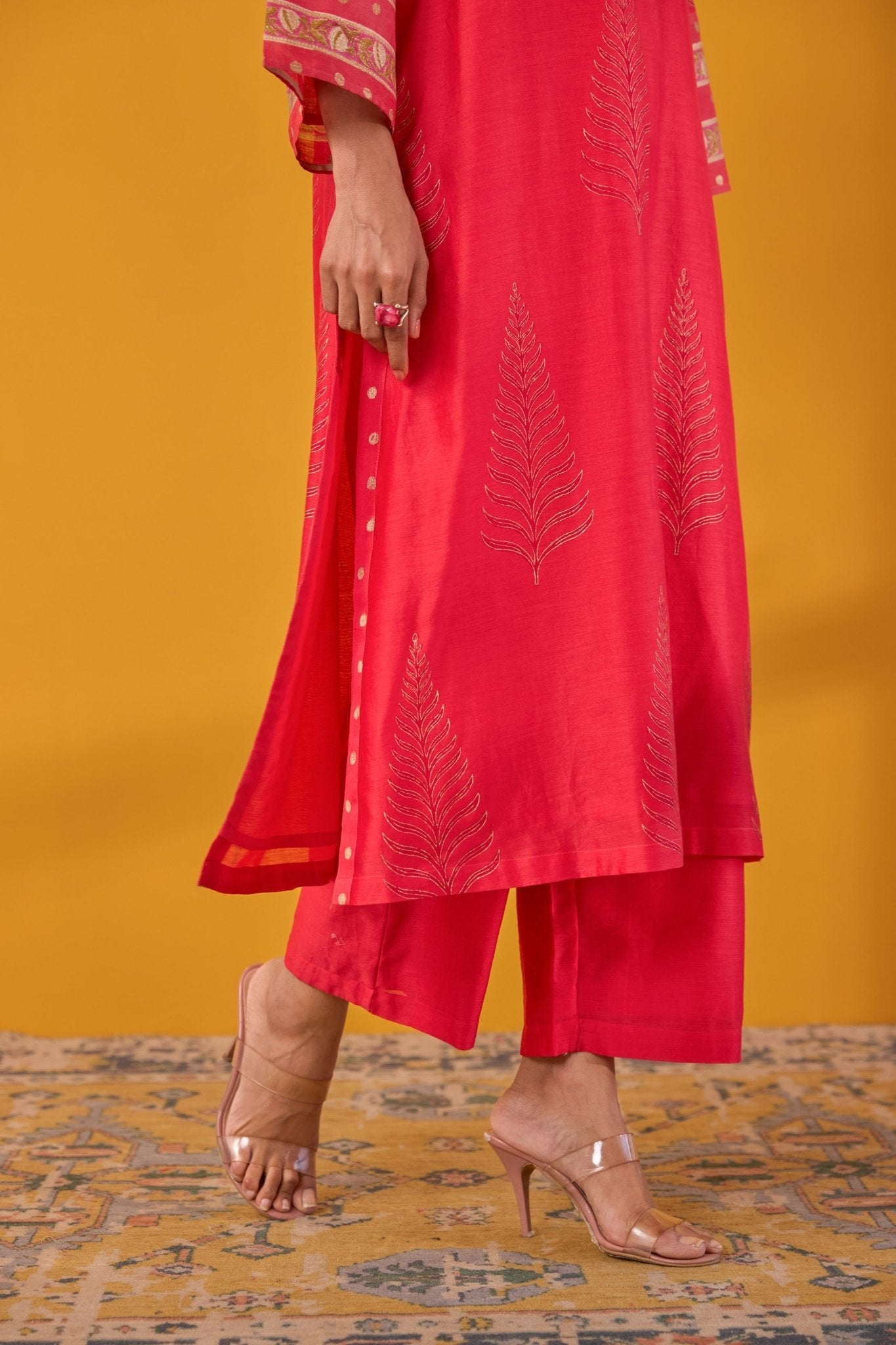 Red Hand Block Printed Chanderi Kurta Set With Dupatta - Tara - C - Tara