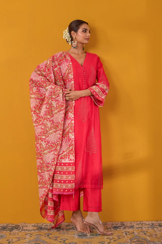 Red Hand Block Printed Chanderi Kurta Set With Dupatta - Tara - C - Tara