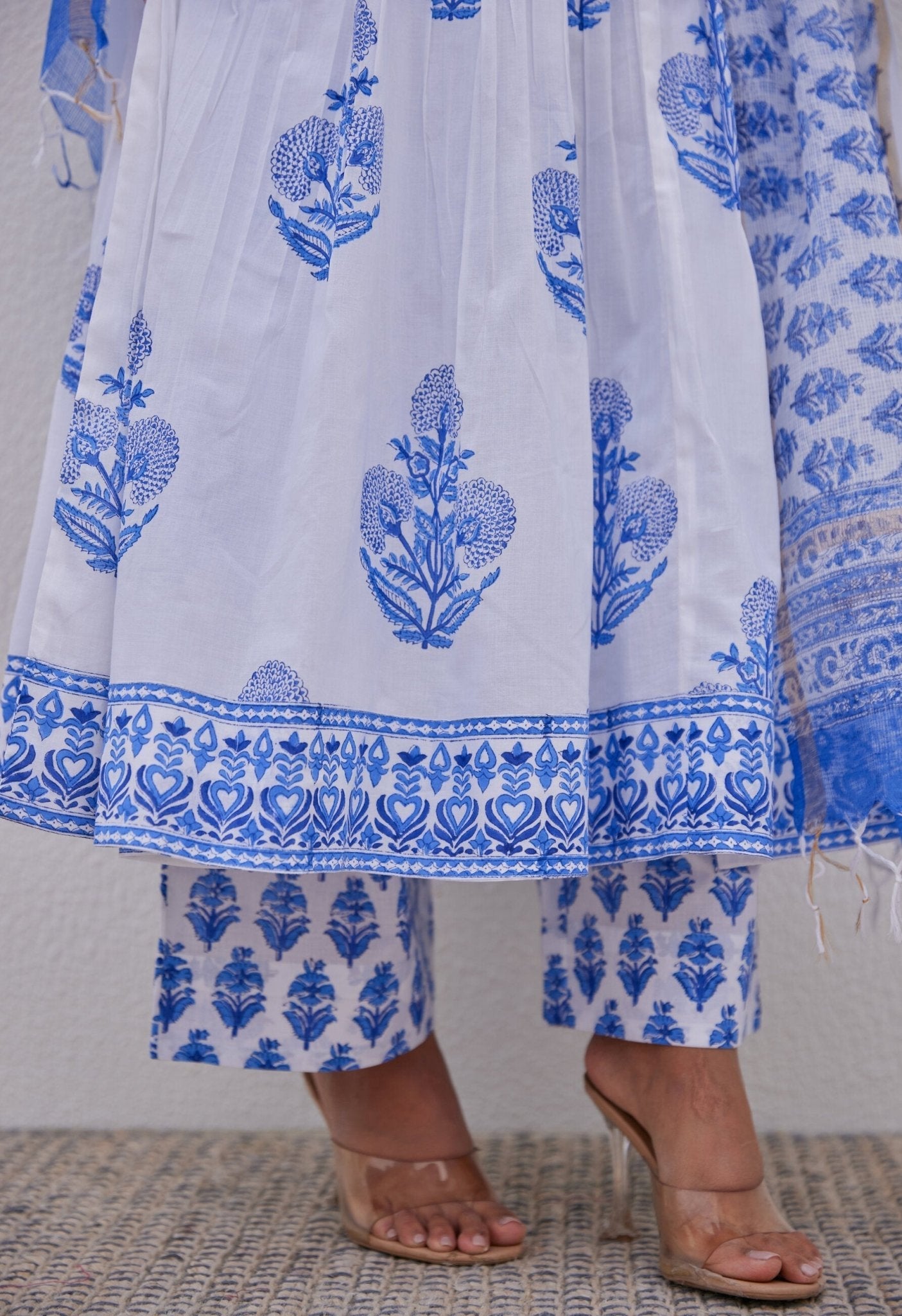 White Blue Hand Block Printed Anarkali kurta Set - Tara - C - Tara