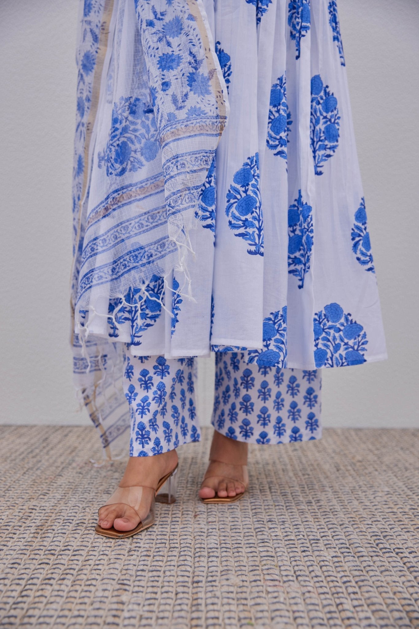 White Blue Hand Block Printed Kurta Set - Tara - C - Tara