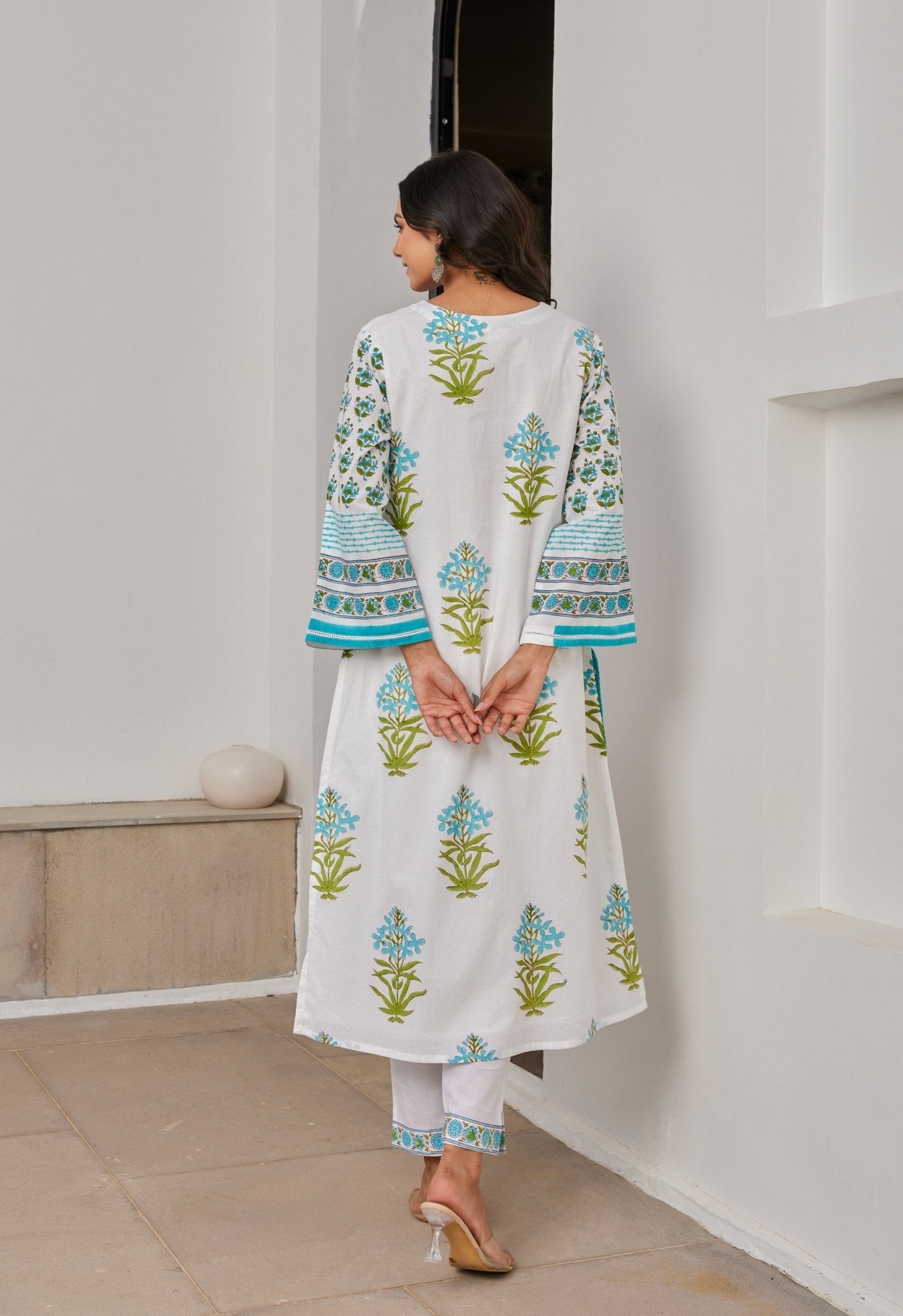 White Hand Block Printed Kurta Set With Dupatta - Tara - C - Tara