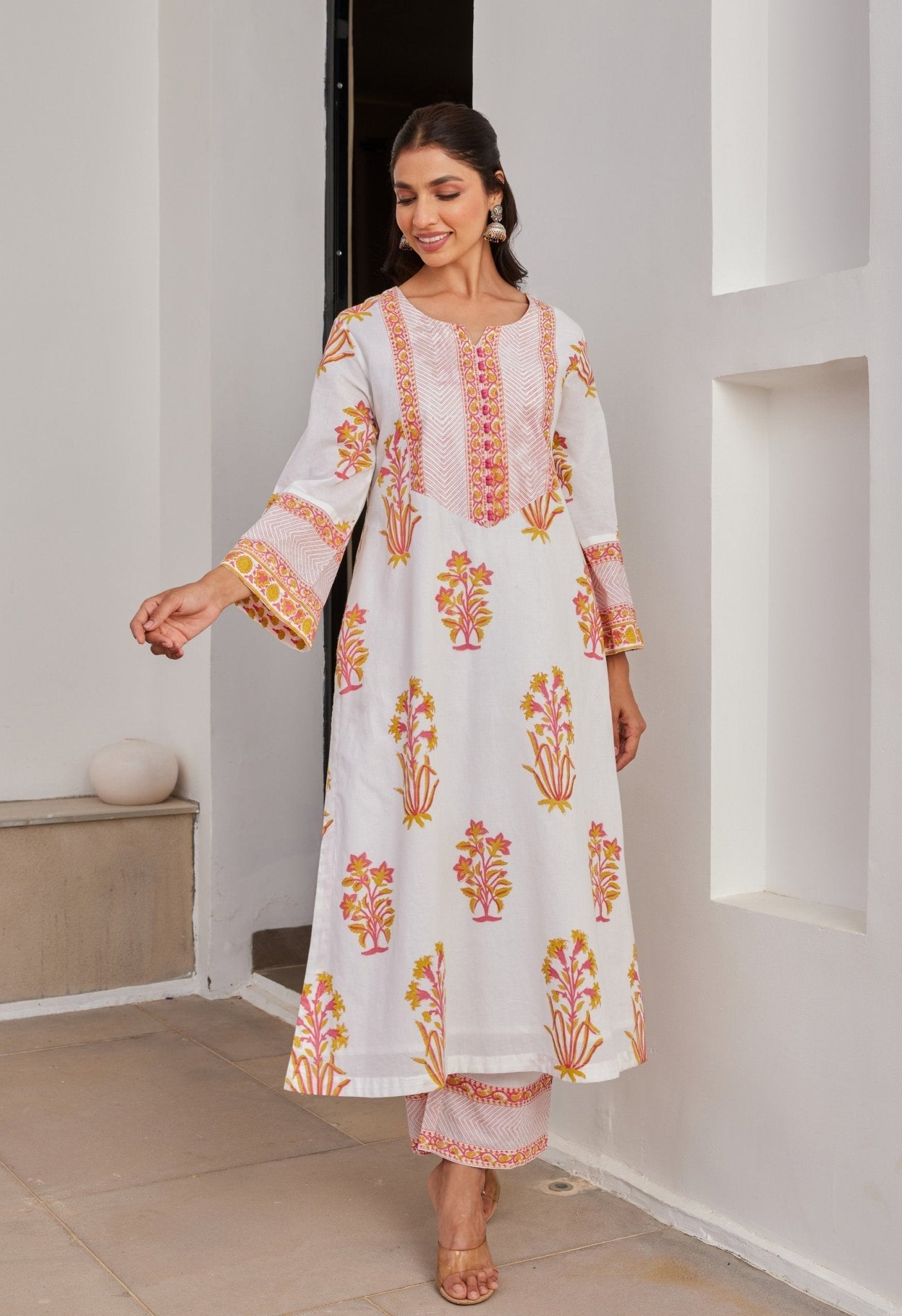 White Pink And Yellow Floral Hand Block Printed kurta Set - Tara - C - Tara