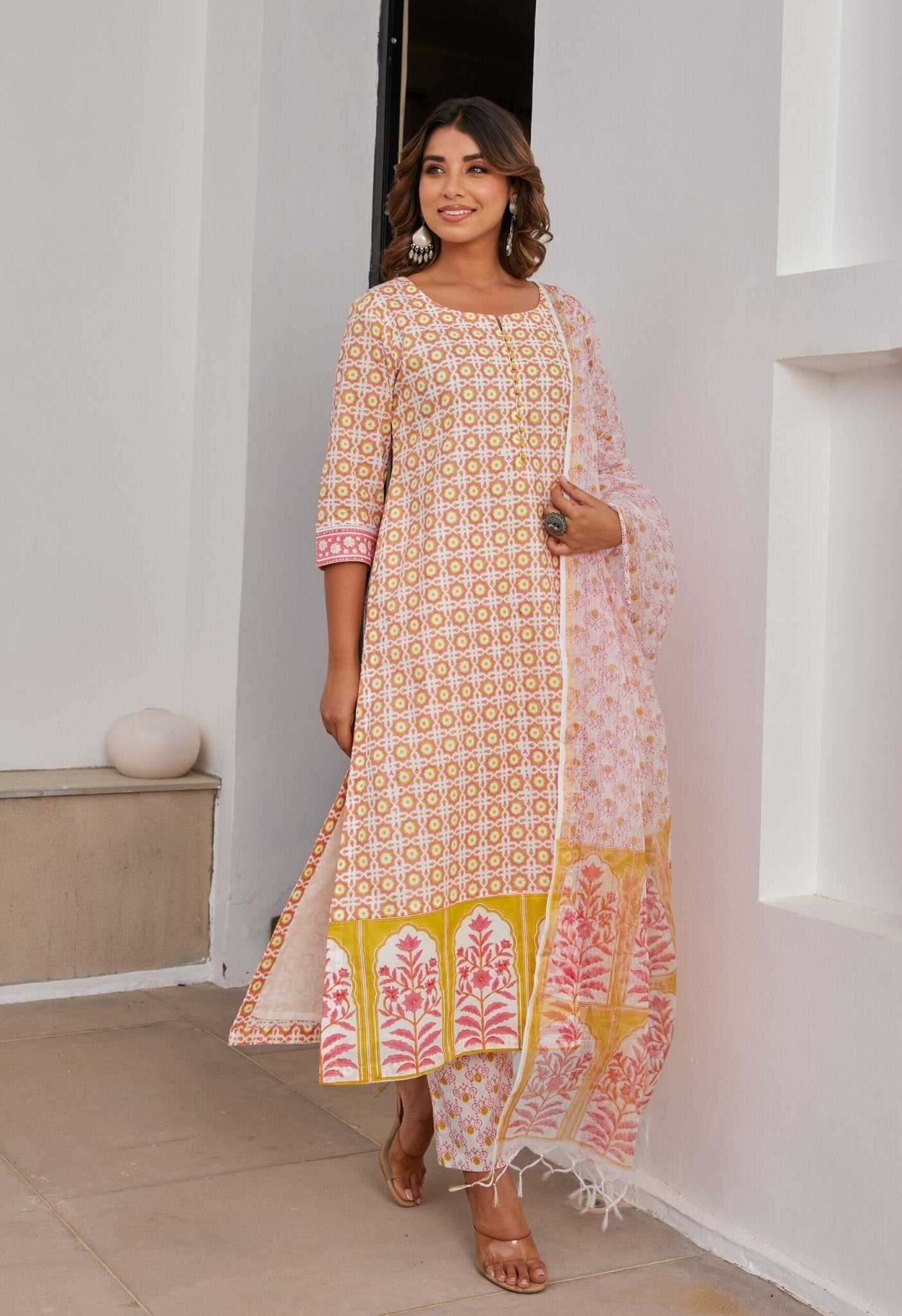 Yellow Abstract Hand Block Printed Kurta Set with Dupatta - Tara - C - Tara