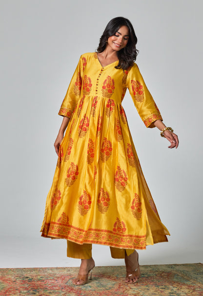 Chanderi Hand Block Printed Suit Set With Dupatta