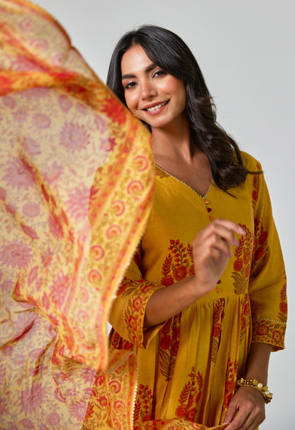 Chanderi Hand Block Printed Suit Set With Dupatta