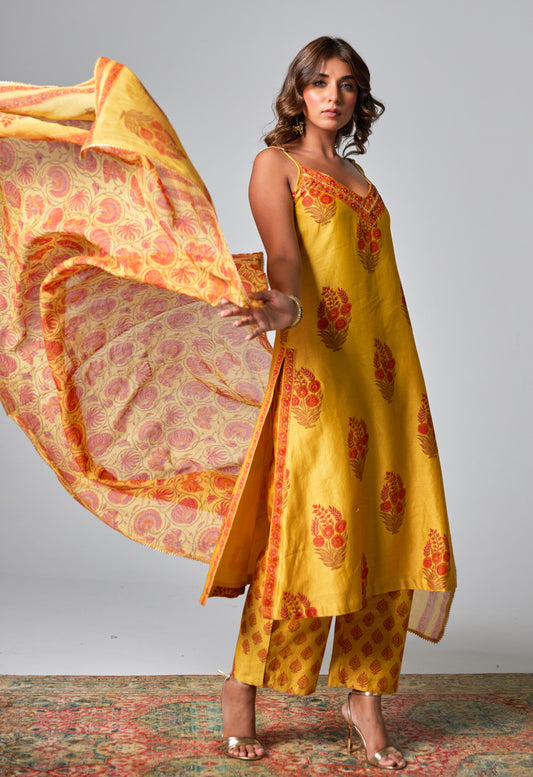 Yellow Chanderi Hand Block Printed Suit Set With Dupatta