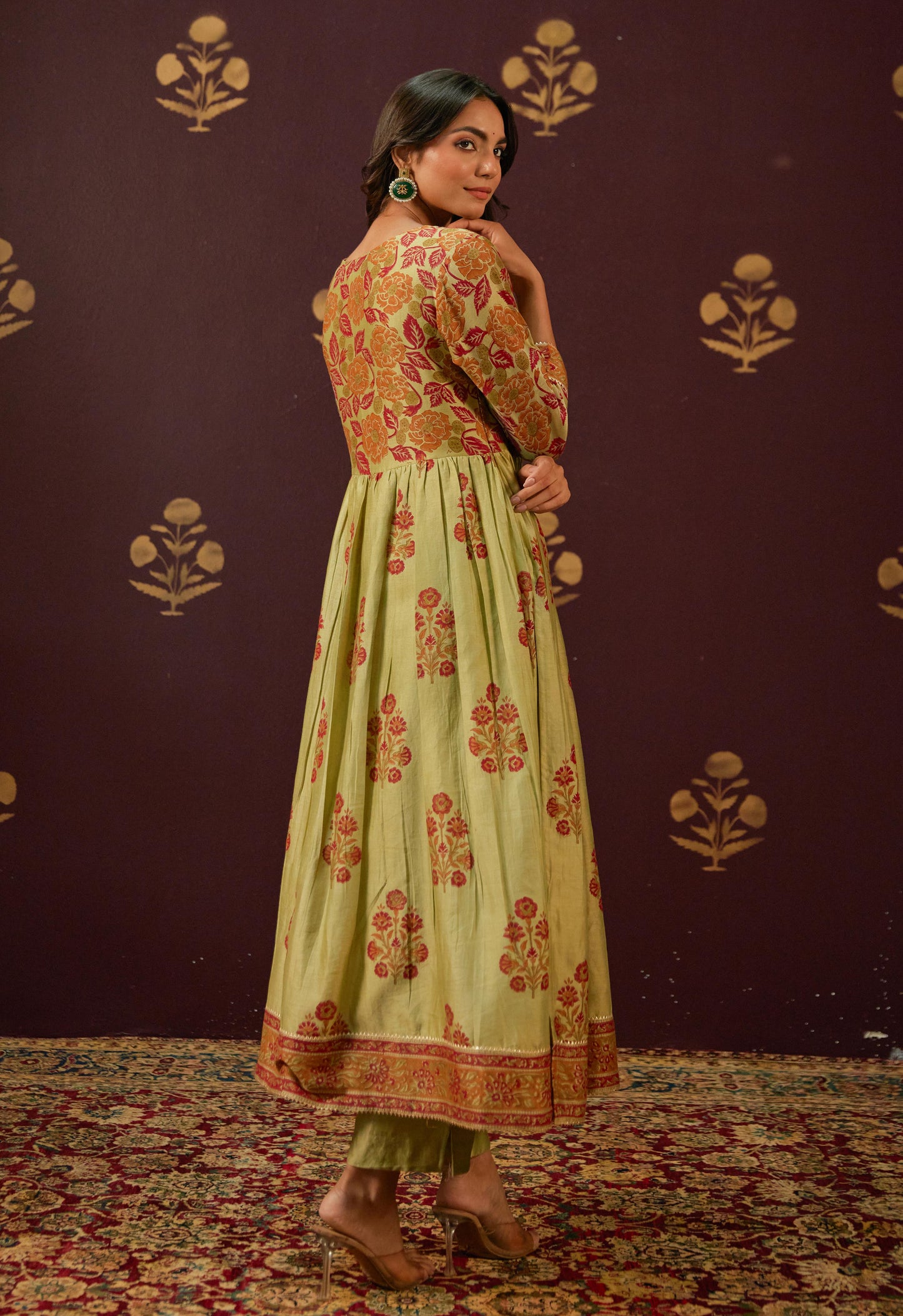 Olive Green Chanderi Hand Block Printed Suit Set With Dupatta