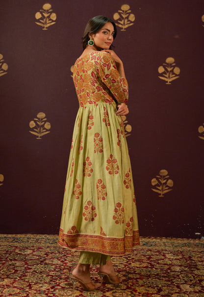 Olive Green Chanderi Hand Block Printed Suit Set With Dupatta