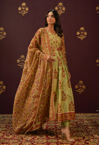 Olive Green Chanderi Hand Block Printed Suit Set With Dupatta