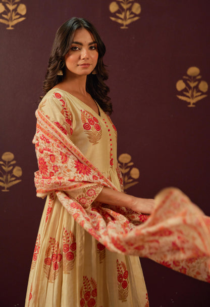 Beige Chanderi Hand Block Printed Suit Set With Dupatta