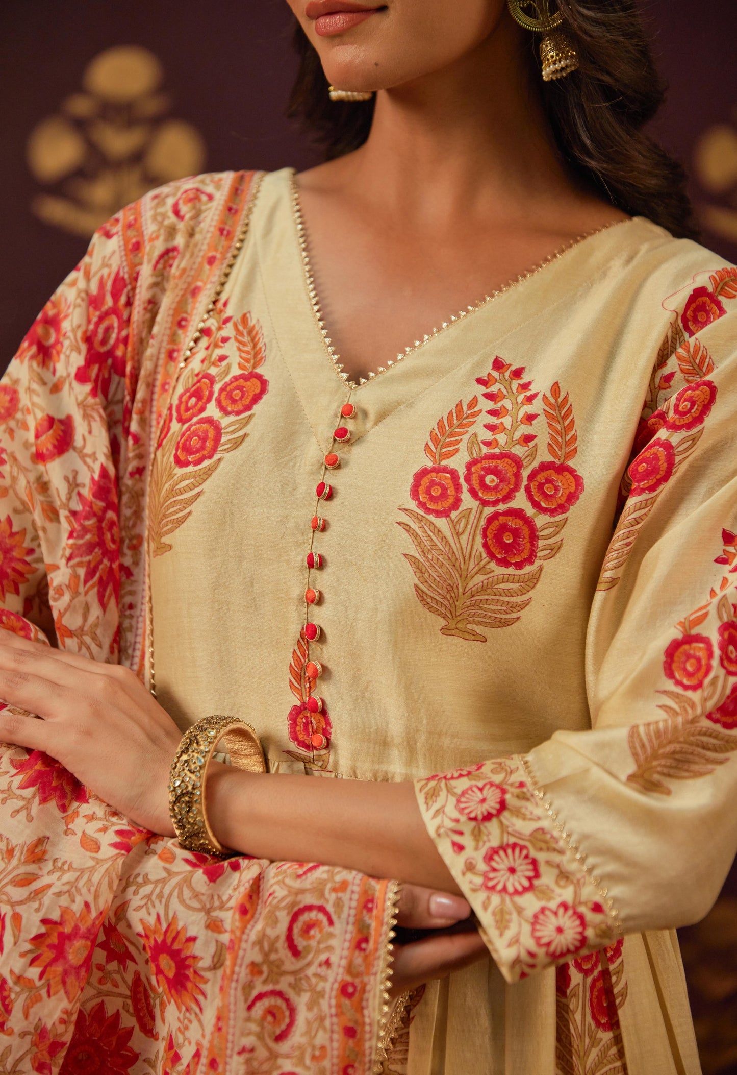 Beige Chanderi Hand Block Printed Suit Set With Dupatta