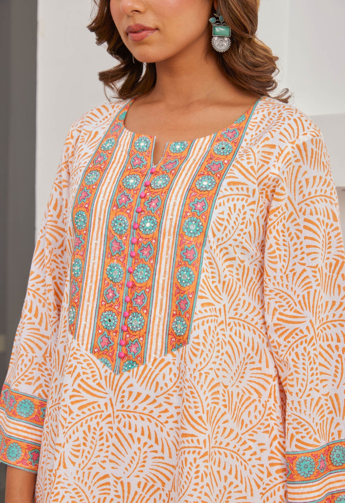 Orange Cotton hand block Printed Kurta Set With Dupatta