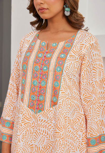 Orange Cotton hand block Printed Kurta Set With Dupatta