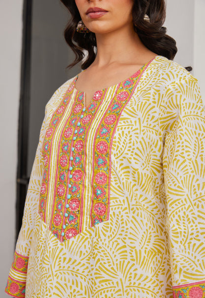 Yellow Cotton hand block Printed Kurta Set With Dupatta