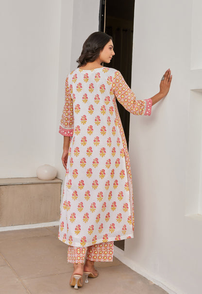 Floral Cotton hand Block Printed Kurta Set With Dupatta