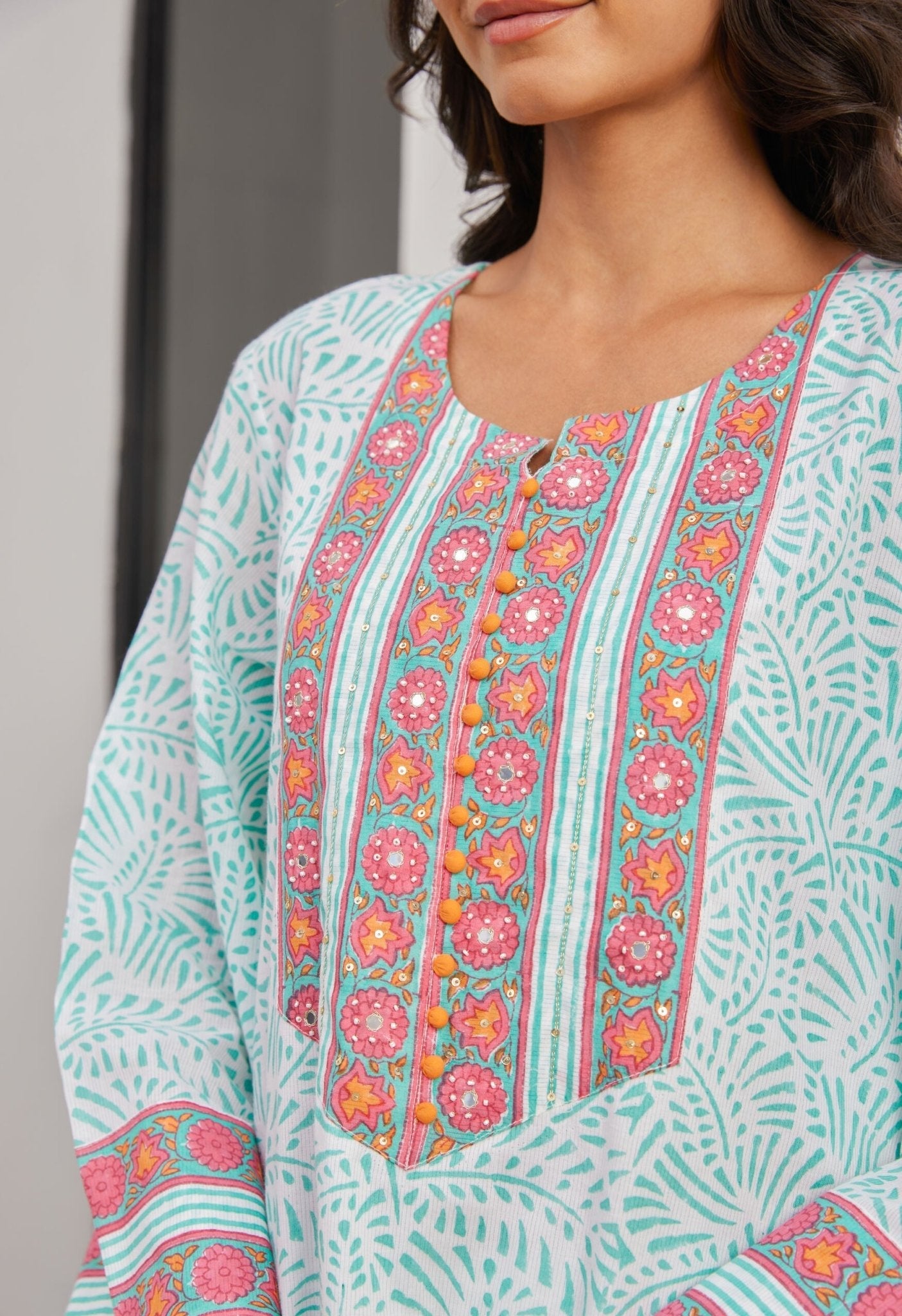 Aqua Cotton hand block Printed Kurta Set With Dupatta - Tara - C - Tara