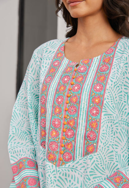 Aqua Cotton hand block Printed Kurta Set With Dupatta - Tara - C - Tara