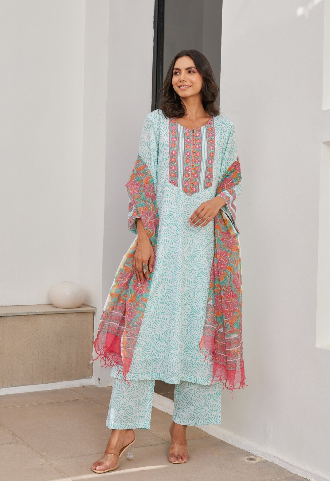 Aqua Cotton hand block Printed Kurta Set With Dupatta - Tara - C - Tara