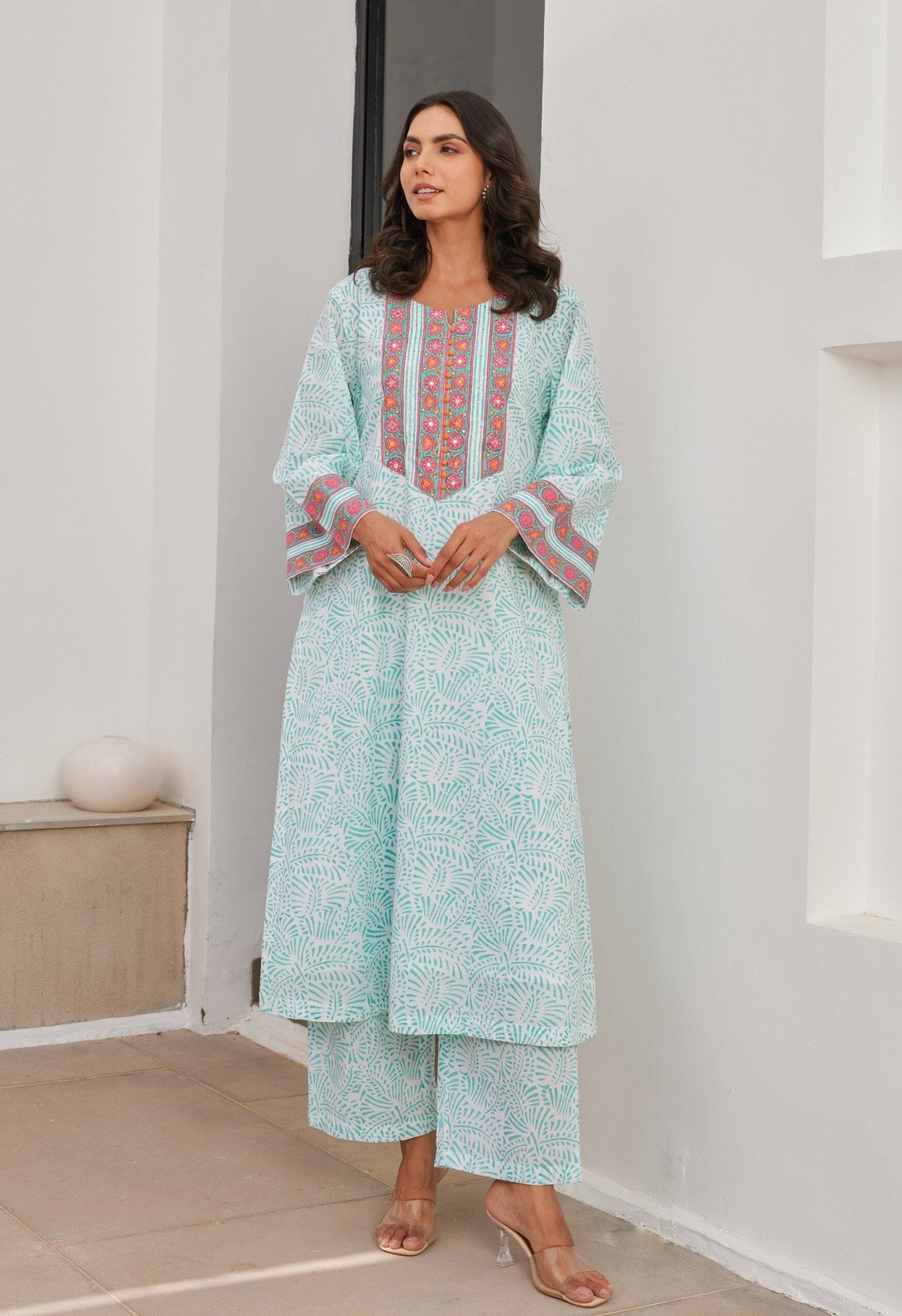 Aqua Cotton hand block Printed Kurta Set With Dupatta - Tara - C - Tara
