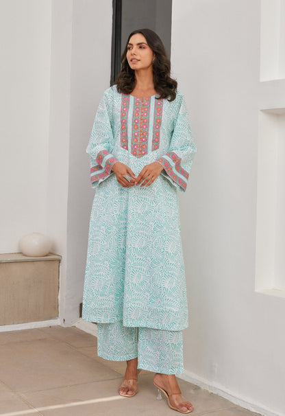 Aqua Cotton hand block Printed Kurta Set With Dupatta - Tara - C - Tara