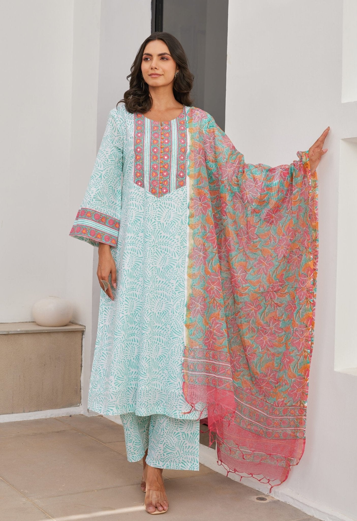 Aqua Cotton hand block Printed Kurta Set With Dupatta - Tara - C - Tara
