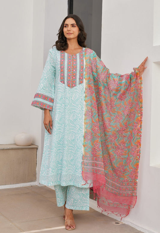 Aqua Cotton hand block Printed Kurta Set With Dupatta - Tara - C - Tara