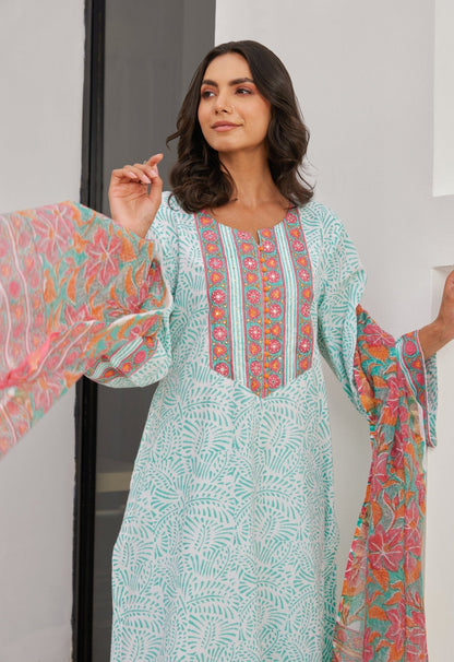 Aqua Cotton hand block Printed Kurta Set With Dupatta - Tara - C - Tara
