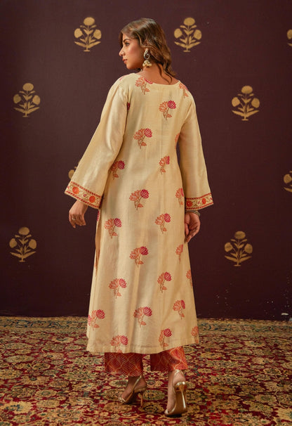 Beige Chanderi Hand Block Printed Suit Set With Dupatta - Tara - C - Tara