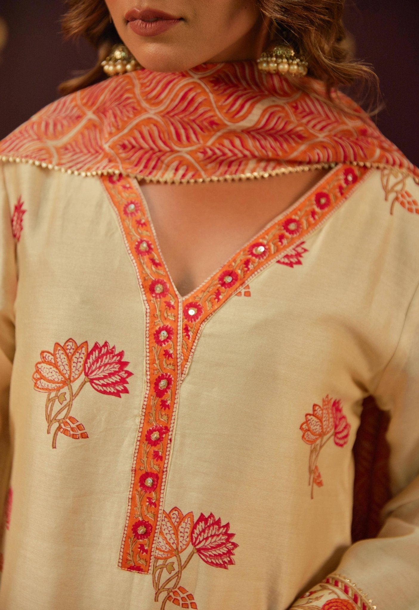 Beige Chanderi Hand Block Printed Suit Set With Dupatta - Tara - C - Tara