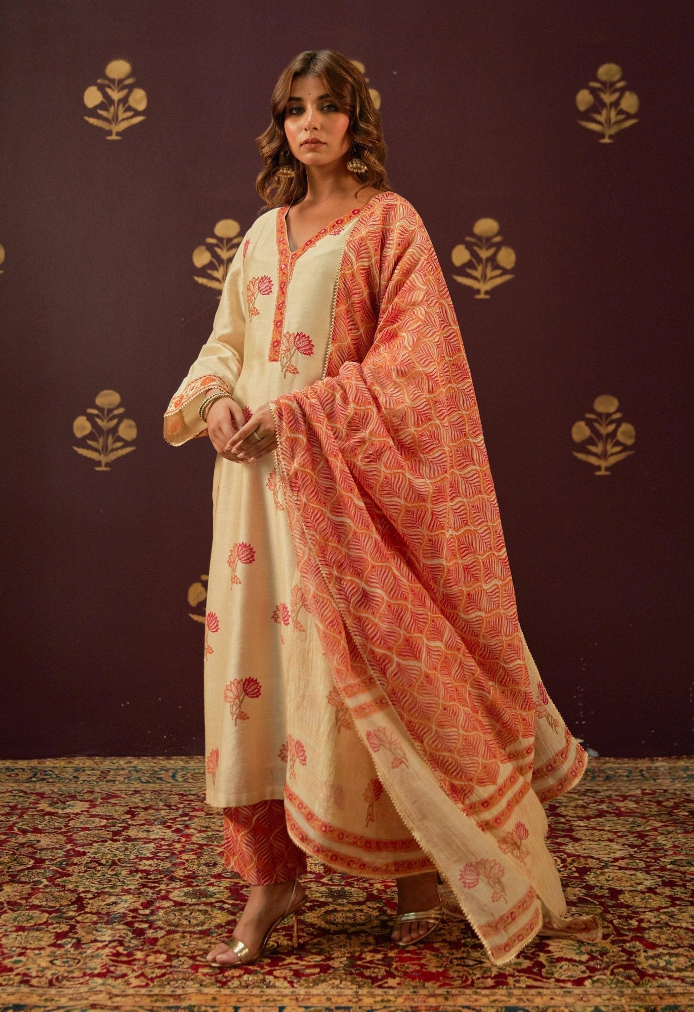 Beige Chanderi Hand Block Printed Suit Set With Dupatta - Tara - C - Tara