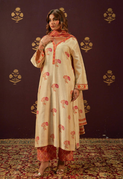 Beige Chanderi Hand Block Printed Suit Set With Dupatta - Tara - C - Tara