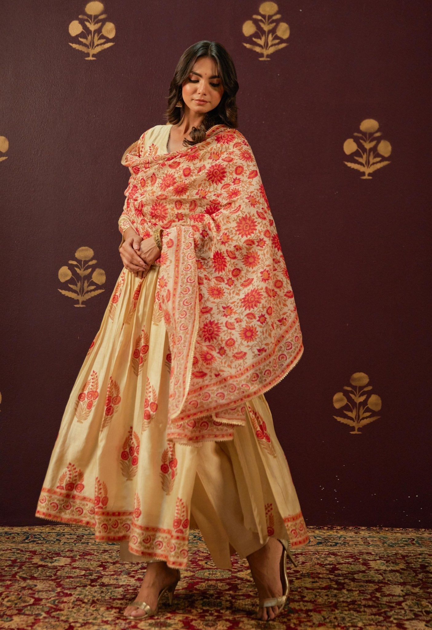 Beige Chanderi Hand Block Printed Suit Set With Dupatta - Tara - C - Tara