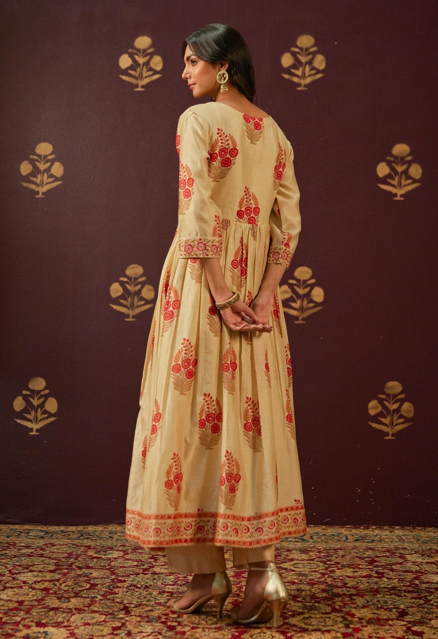 Beige Chanderi Hand Block Printed Suit Set With Dupatta - Tara - C - Tara