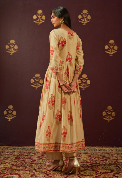 Beige Chanderi Hand Block Printed Suit Set With Dupatta - Tara - C - Tara