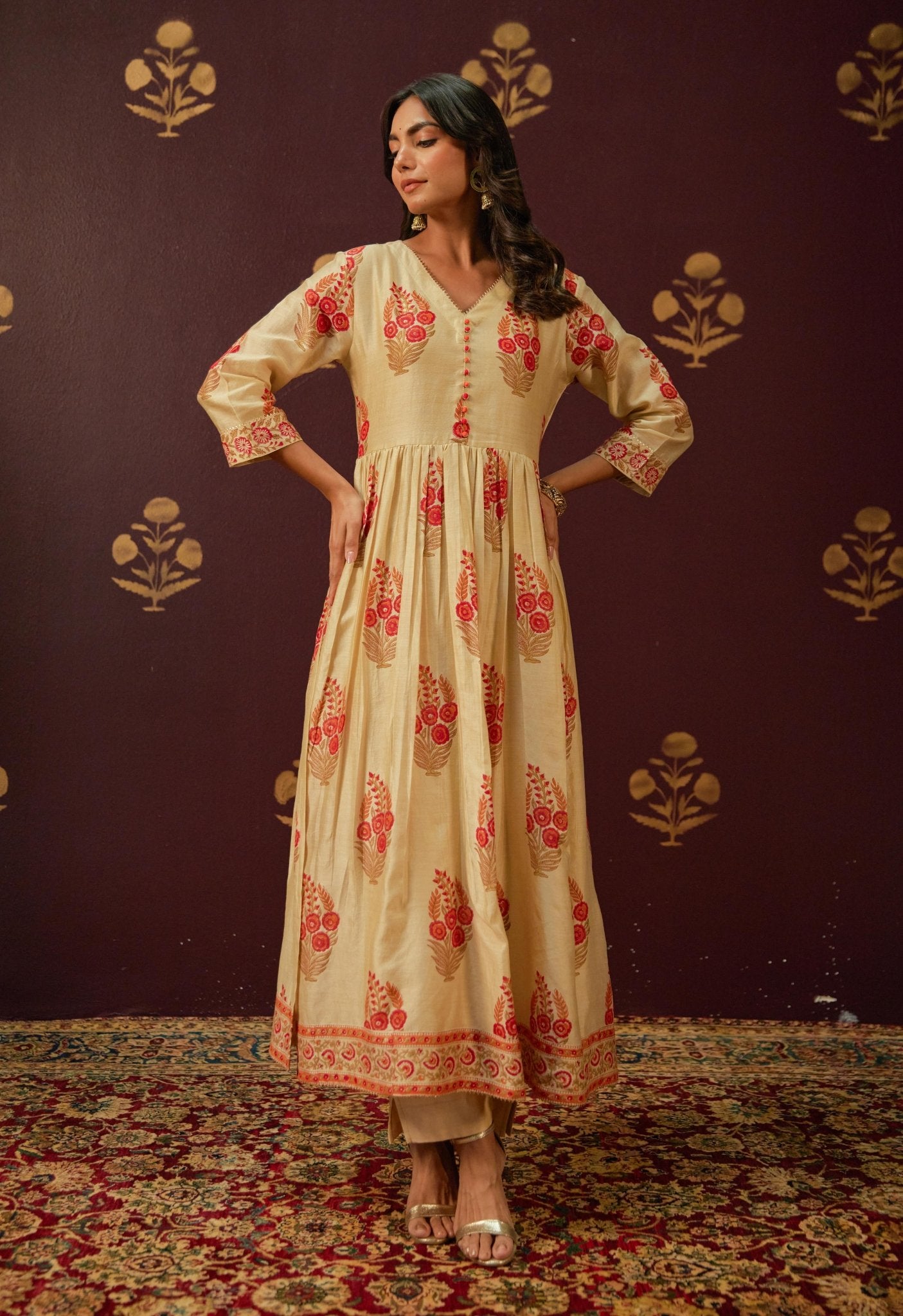 Beige Chanderi Hand Block Printed Suit Set With Dupatta - Tara - C - Tara