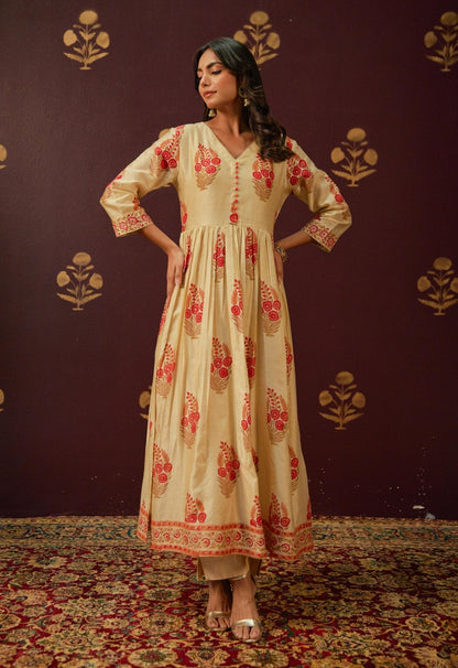 Beige Chanderi Hand Block Printed Suit Set With Dupatta - Tara - C - Tara