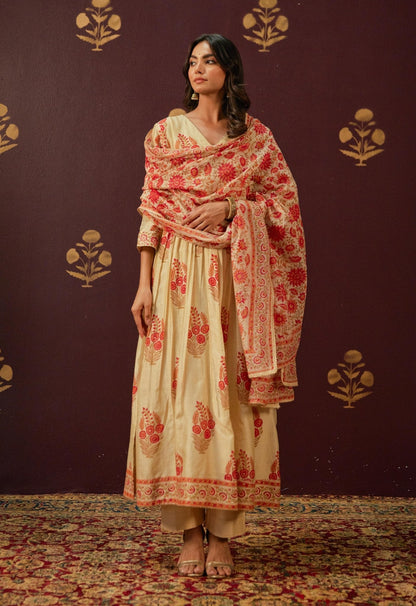 Beige Chanderi Hand Block Printed Suit Set With Dupatta - Tara - C - Tara