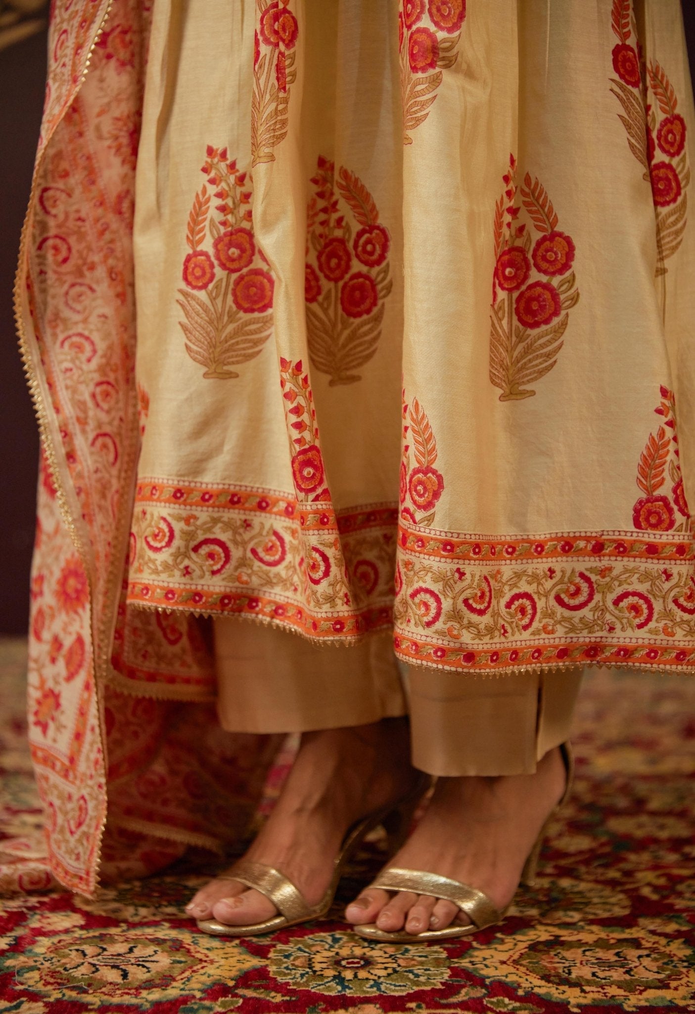 Beige Chanderi Hand Block Printed Suit Set With Dupatta - Tara - C - Tara