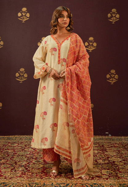 Beige Chanderi Hand Block Printed Suit Set With Dupatta - Tara - C - Tara